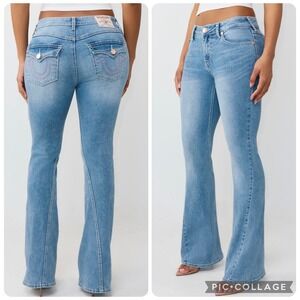 True Religion Womens 31 Joey Big T Flap Flare Jeans Light Pacific Wash Blue NEW
